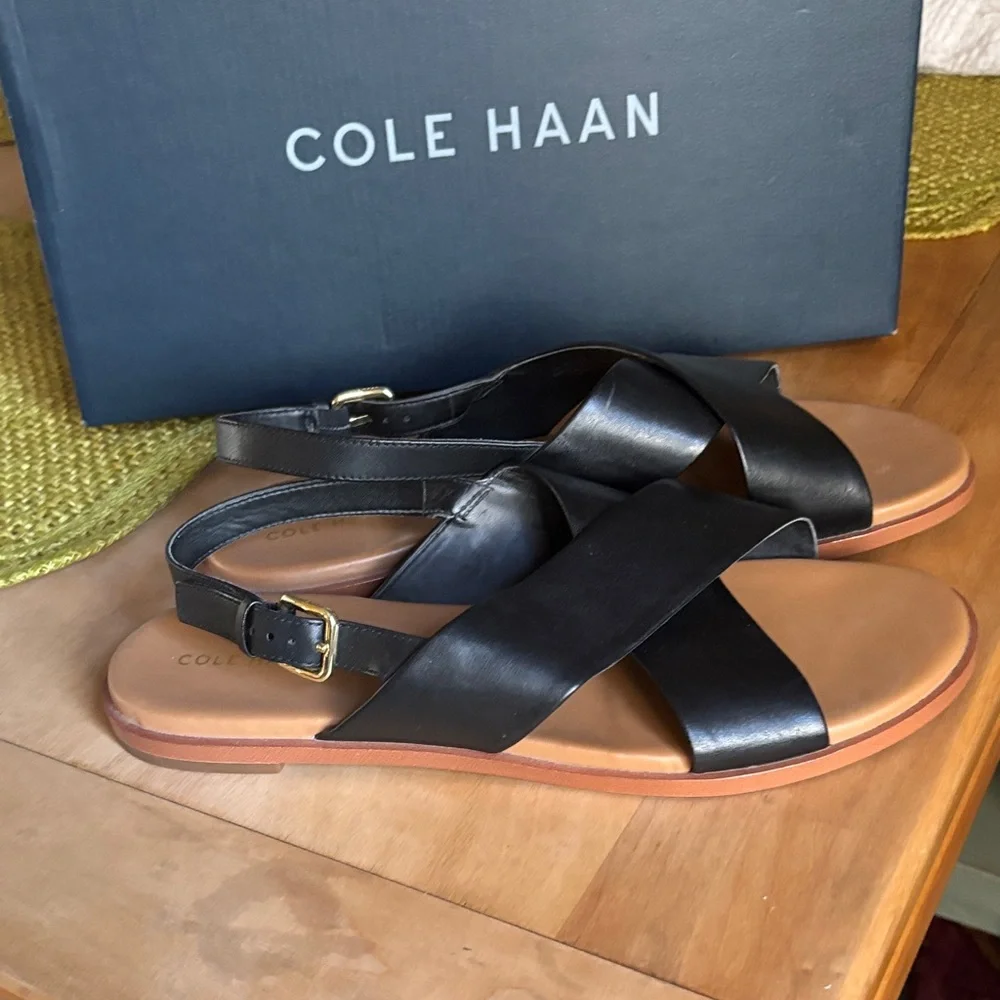 Cole Haan Black Leather Cross-Strap Sandals - Picture 3 of 6